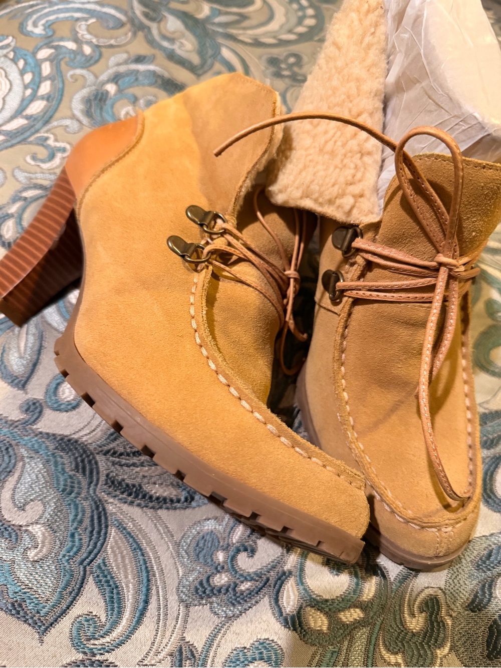 Ruff Hew Tan Suede Ankle Boots with Shearling Cuff